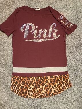 PINK Victoria's Secret Bling Maroon Cheetah Logo Tee